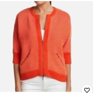 CAbi M Cocoon Orange knit sweater zip up pockets 3/4 sleeve length 100% cotton